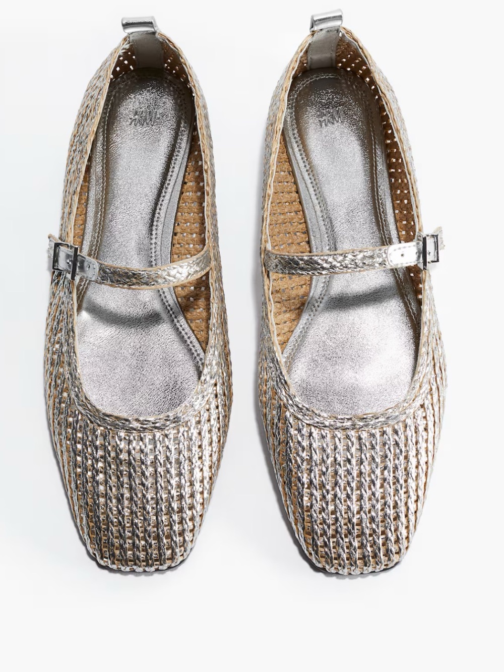 Metallic Straw Silver Mary Jane Flats for Women